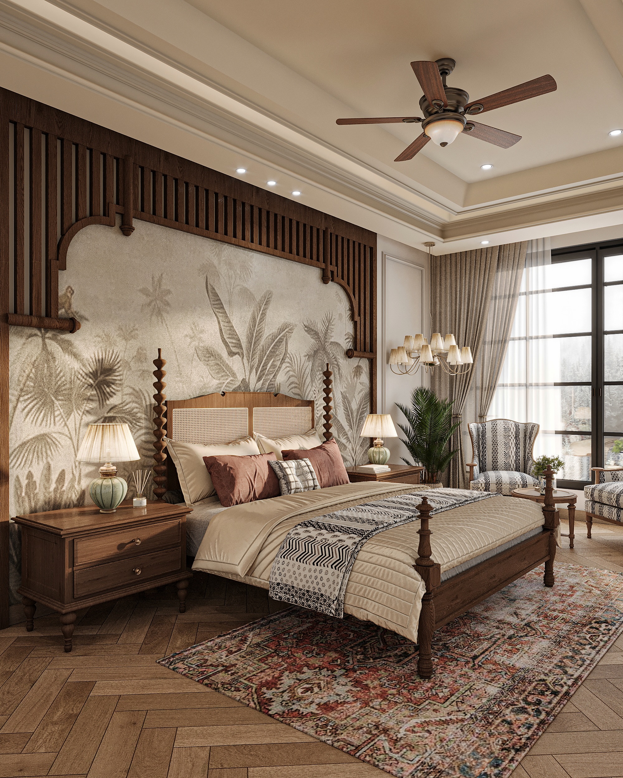 Colonial-style master bedroom with carved dark wood slat screen, tropical palm wallpaper, caned twin headboard with turned posts, ceiling fan and vintage patterned rug on herringbone floor