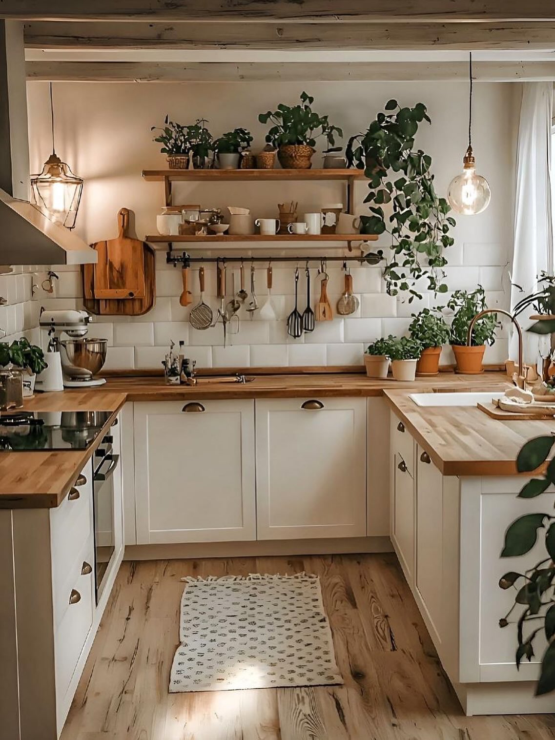 White cottage kitchen cabinets with butcher block wood counters, open wood shelves full of plants and dishes, exposed wood ceiling beam and glass bulb pendants