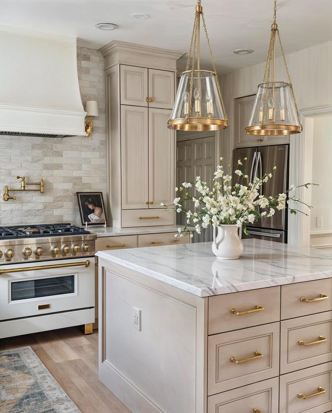 Cream raised panel kitchen with two large glass bell pendants on brass chains, veined white marble island, white range with brass trim and knobs, linear stone-look backsplash, brass pot filler, and tall white flower arrangement in pitcher