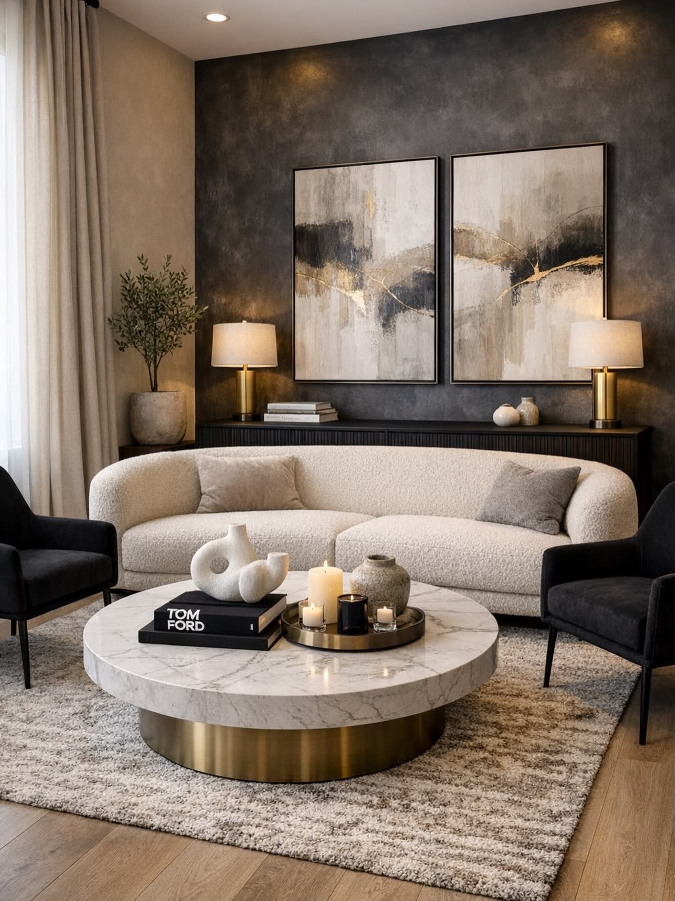 Curved cream boucle sofa flanked by two black velvet armchairs facing a round white marble coffee table on a brass base, set against a dark smoky painted accent wall with two large abstract paintings in cream and gold tones, a long dark ribbed console with two brass table lamps, and a potted olive tree on the left