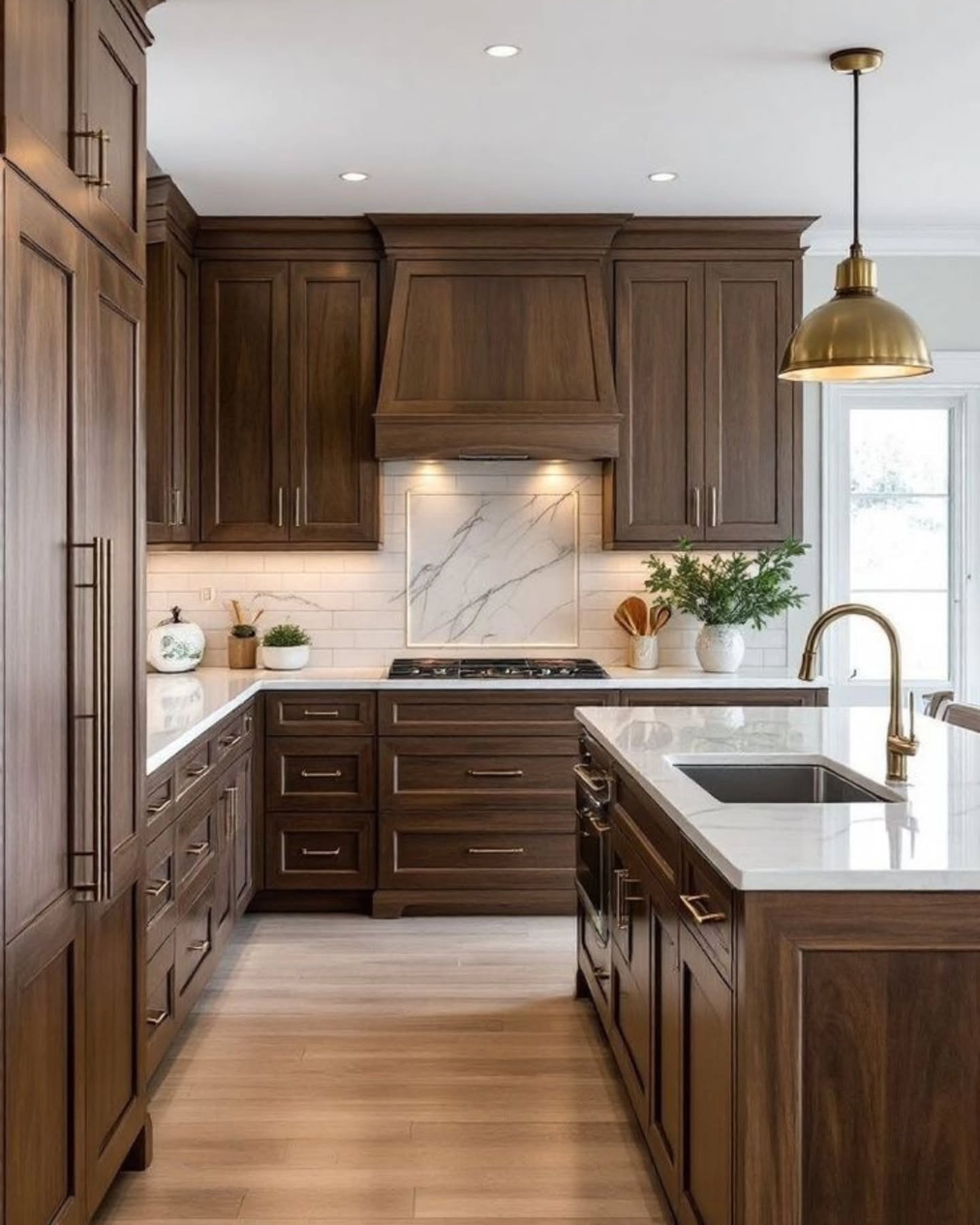 Dark walnut inset panel kitchen cabinets with brass bar pulls, a wood matching range hood, white subway tile backsplash and a white marble island with brass dome pendant