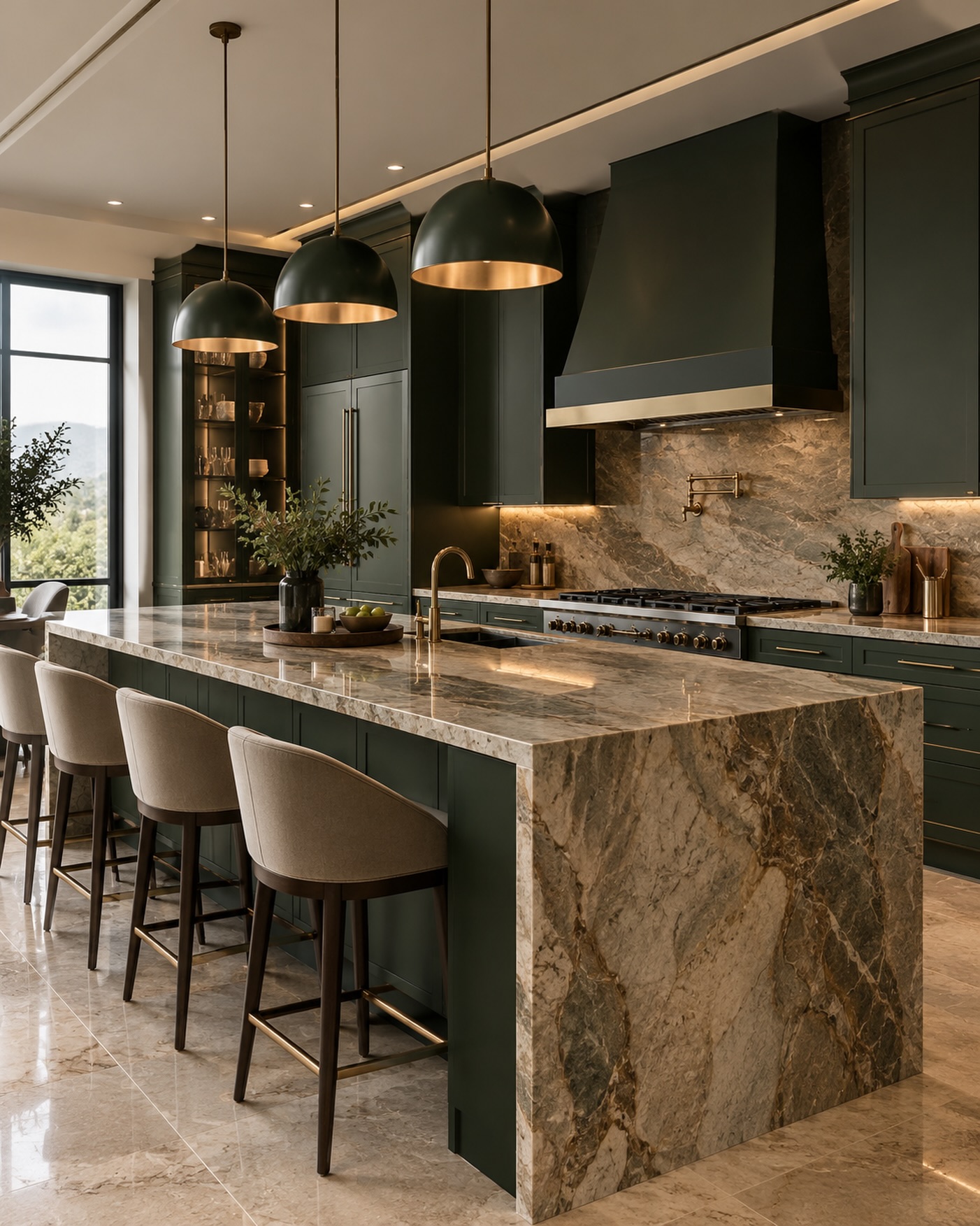 Deep green kitchen with an oversized waterfall quartzite island showing brown and gold veining, three dark green dome pendants lined with brushed gold interiors, a matching green range hood, taupe upholstered bar stools, and a window with a hillside view
