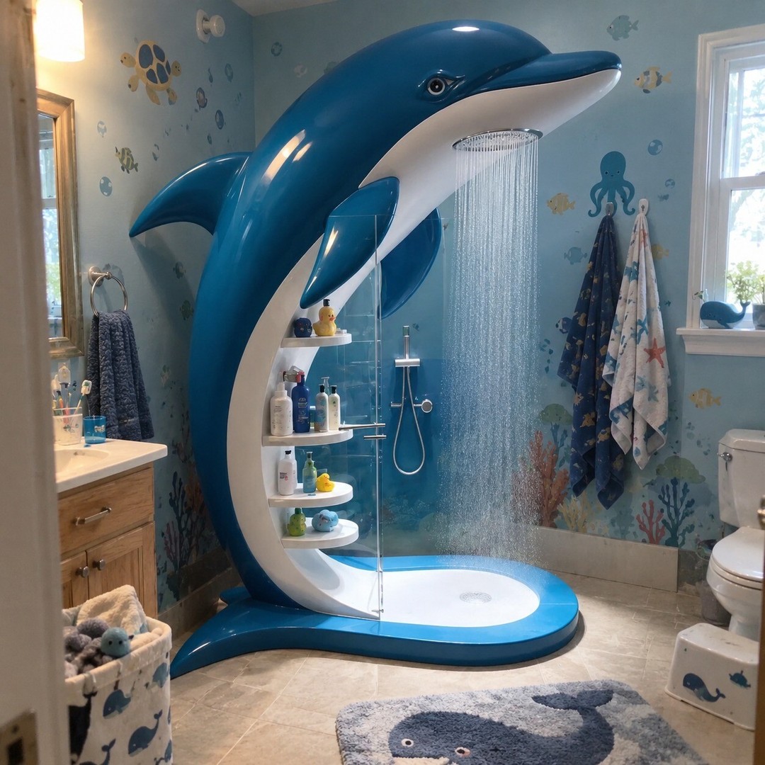 Oversized blue dolphin shaped shower unit with built-in shelves and rainfall shower head in an ocean themed kids' bathroom with painted sea creature wall murals
