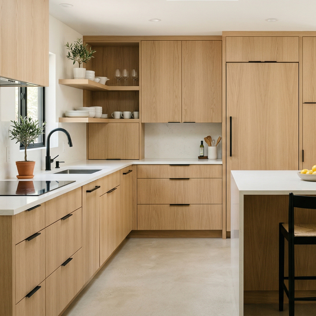 Minimal modern kitchen with light oak flat-panel cabinets, matte black bar pulls, white counters, light wood open shelves, polished concrete floor, and a potted olive tree