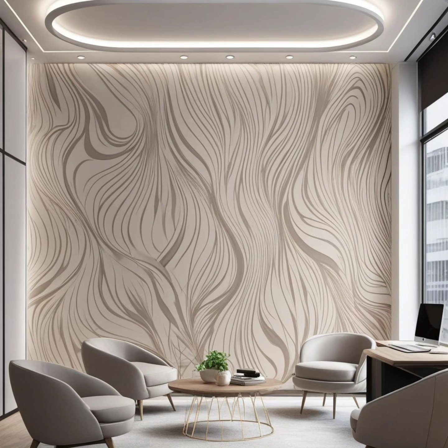 Alt: Tall feature wall with beige and taupe flowing wavy lines behind a sitting area with two pale gray armchairs, a round wooden coffee table with gold wire base, and floor-to-ceiling windows