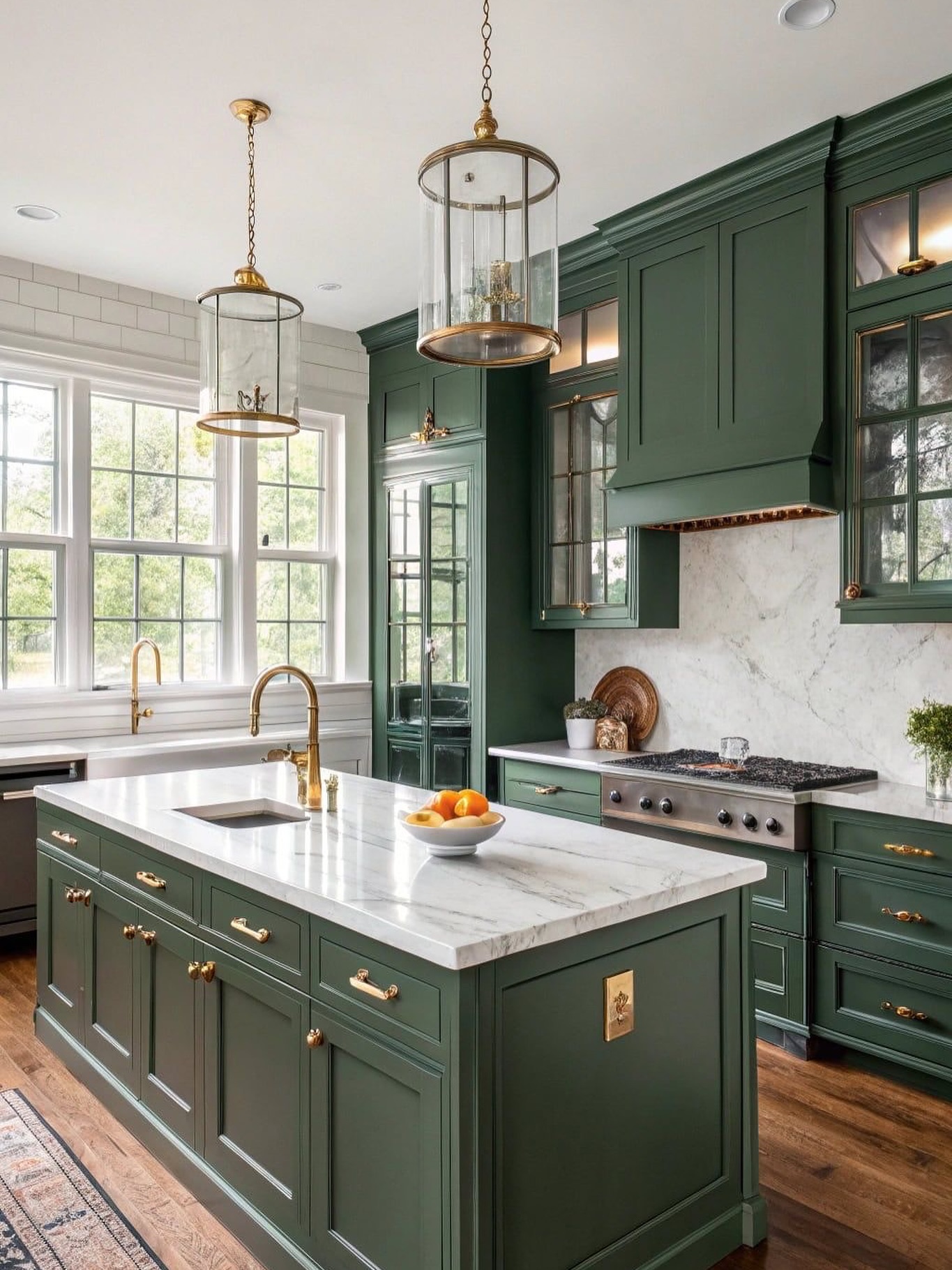 Forest green shaker cabinets with brass hardware and glass-front upper cabinets, a white marble island with a brass gooseneck faucet, two cylindrical glass lantern pendants, and large white-trimmed windows above a farmhouse sink