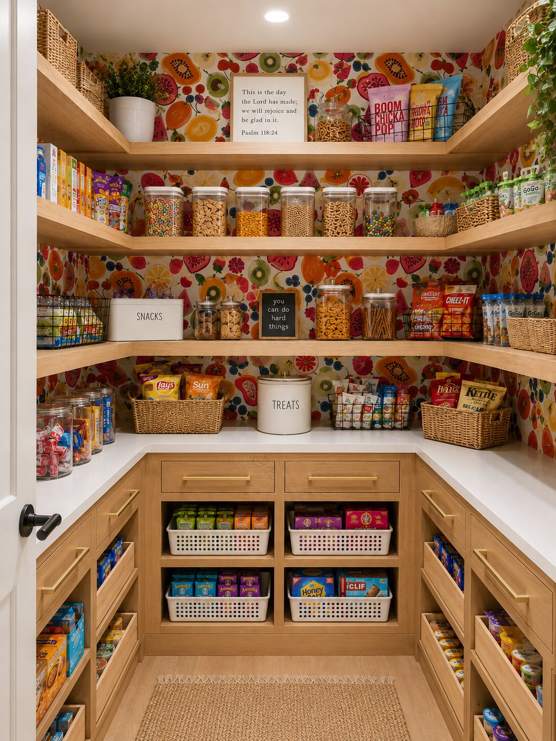 Walk-in family pantry with colorful fruit-print wallpaper, oak open shelves holding glass snack canisters, pull-out side drawers full of pouches and bars, white baskets, and a jute rug on the floor