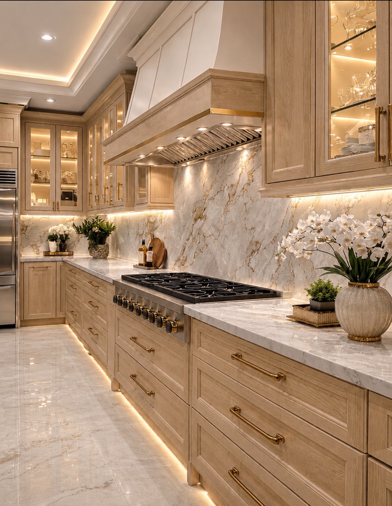 Luxurious golden oak kitchen with raised-panel cabinets, glass-front upper cabinets, full-height veined marble backsplash, brass bar pulls, warm under-cabinet lighting, and white orchids in a textured vase