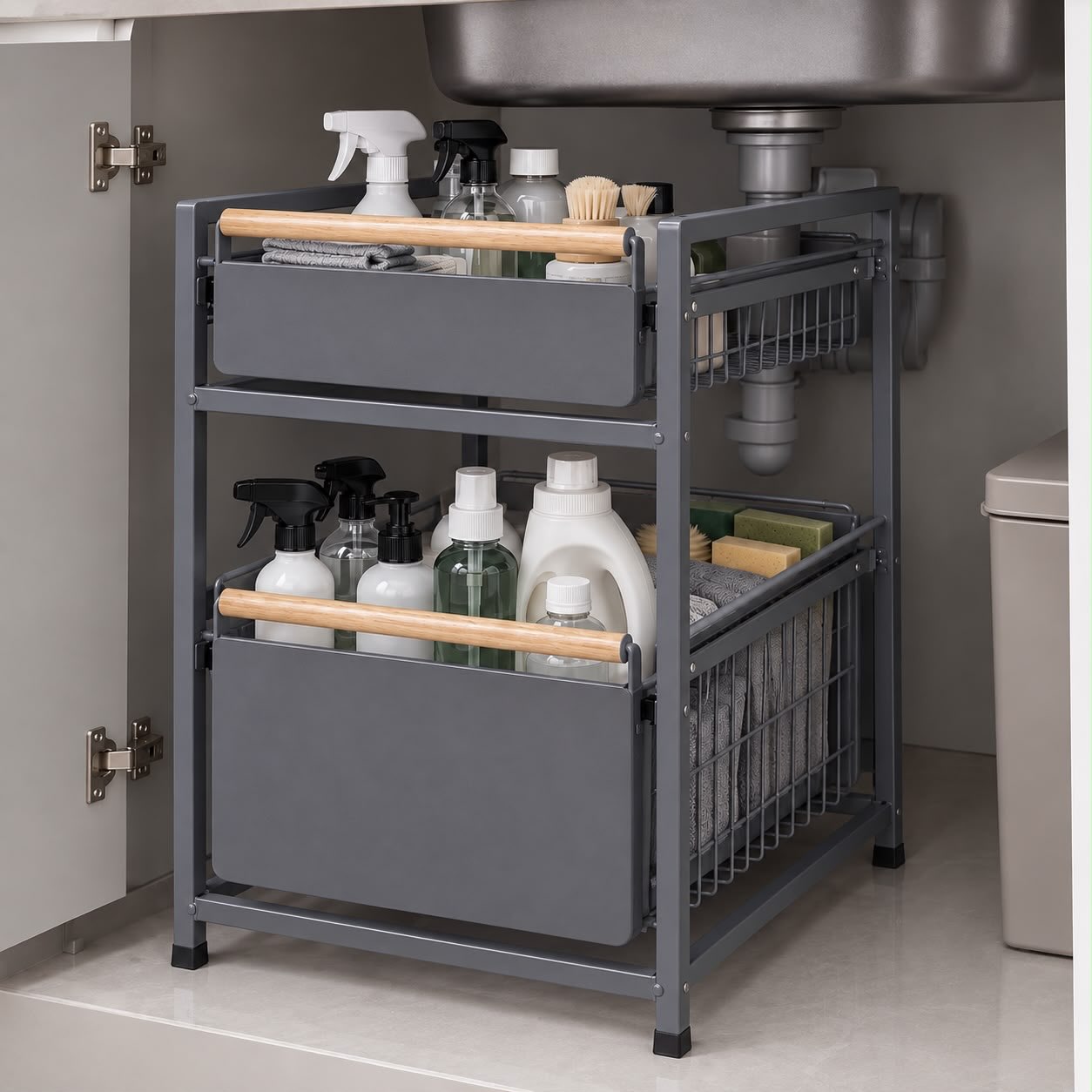 Gray two-tier metal sliding drawer organizer with wooden handles sitting under a sink, holding spray bottles, pump bottles, laundry detergent, scrub sponges and folded cloths with the P-trap pipe fitting through the open side