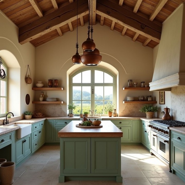 Sage green Tuscan kitchen with vaulted ceiling and rough-hewn exposed rafters, stacked copper gourd pendant lights, arched window with vineyard view, butcher-block island, stone range hood, and open shelving with pottery