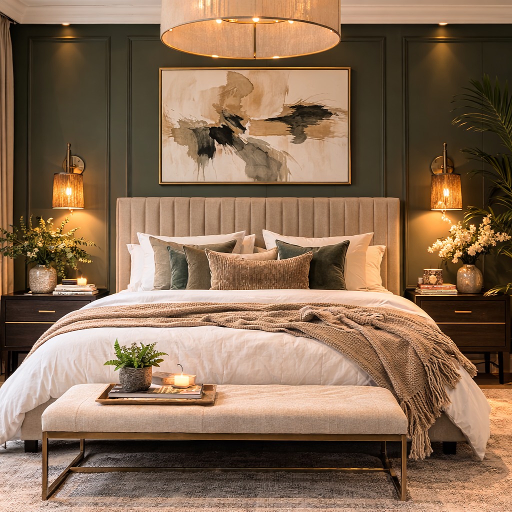 Moody master bedroom with deep green paneled wall, cream channel-tufted upholstered bed, dark wood nightstands, brass sconces with woven shades and large abstract black and tan artwork