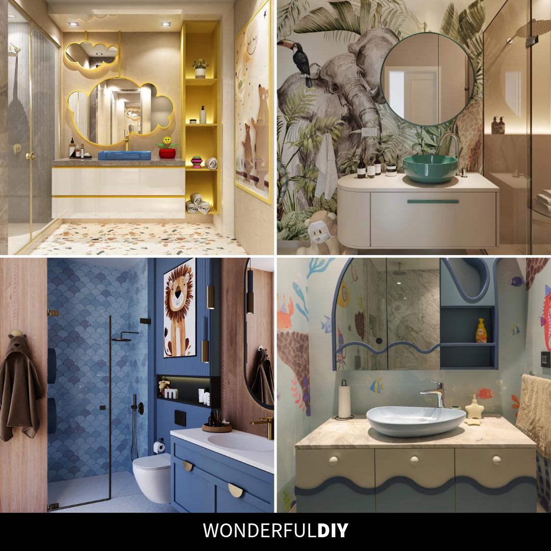 Collage of four cheerful kids' bathrooms featuring a yellow cloud mirror vanity, a jungle elephant mural, a blue fish scale shower, and a whale tail cabinet above a wave vanity