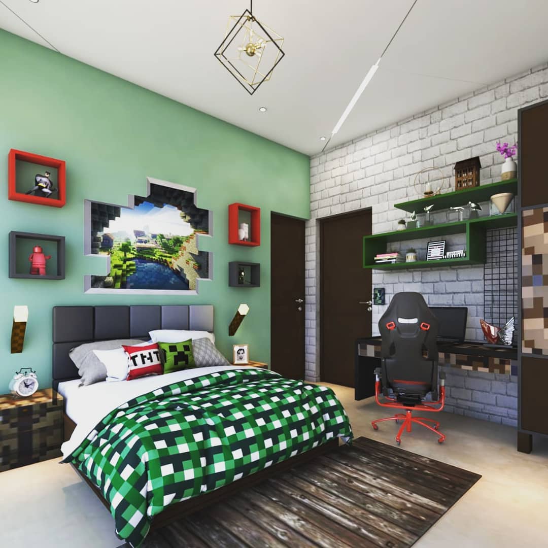 Minecraft bedroom with sage green accent wall exposed brick side wall red and gray shadow box shelves Minecraft portal wall art gaming chair and green pixel checkered duvet