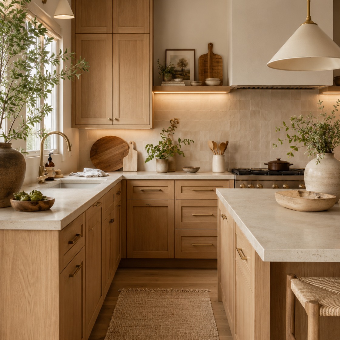 ight natural oak shaker cabinets with brass bar pulls, cream limestone countertops, warm zellige tile backsplash and olive branches in a textured vase