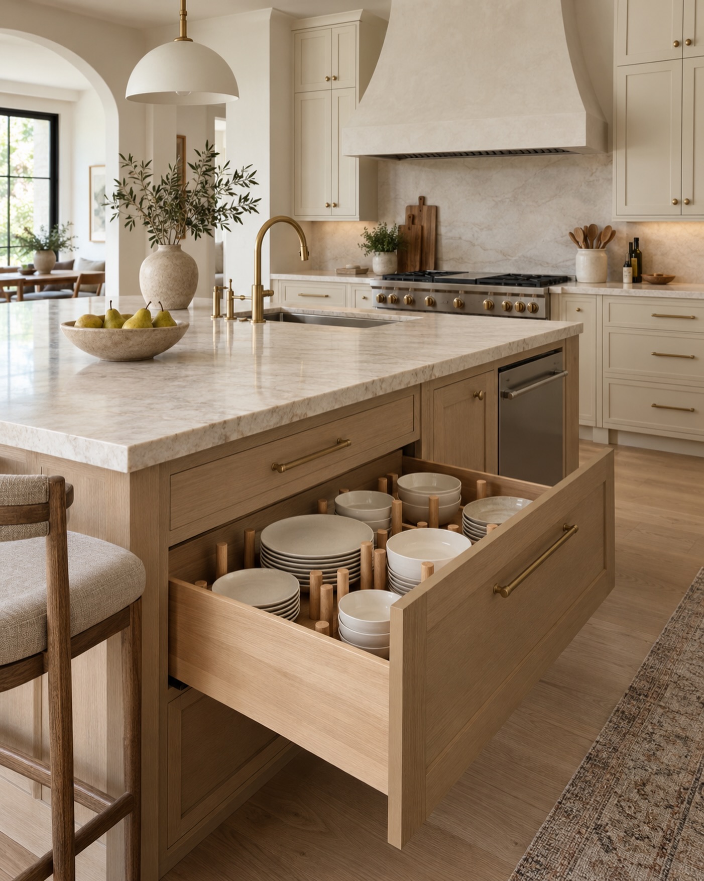 Light oak island paired with cream shaker perimeter cabinets, marble countertops, brass pulls, a white dome pendant, and an open bottom drawer revealing vertical peg dish storage