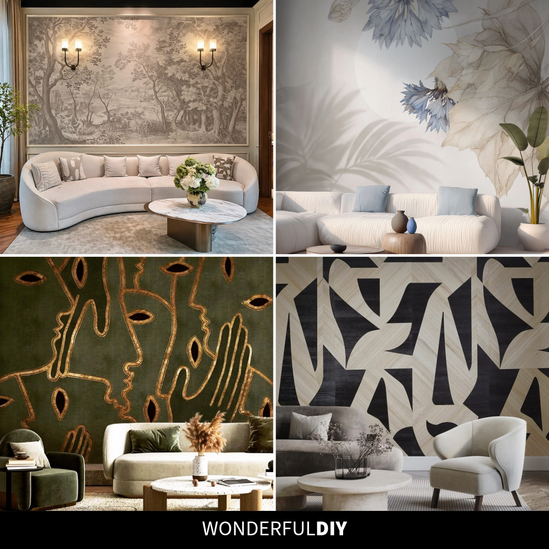 our-image collage of living room wallpaper ideas featuring a soft taupe toile landscape mural, a dark green wall with abstract gold line-drawn faces, a soft botanical mural with oversized blue cornflowers, and a black and cream wood-grain geometric wallpaper