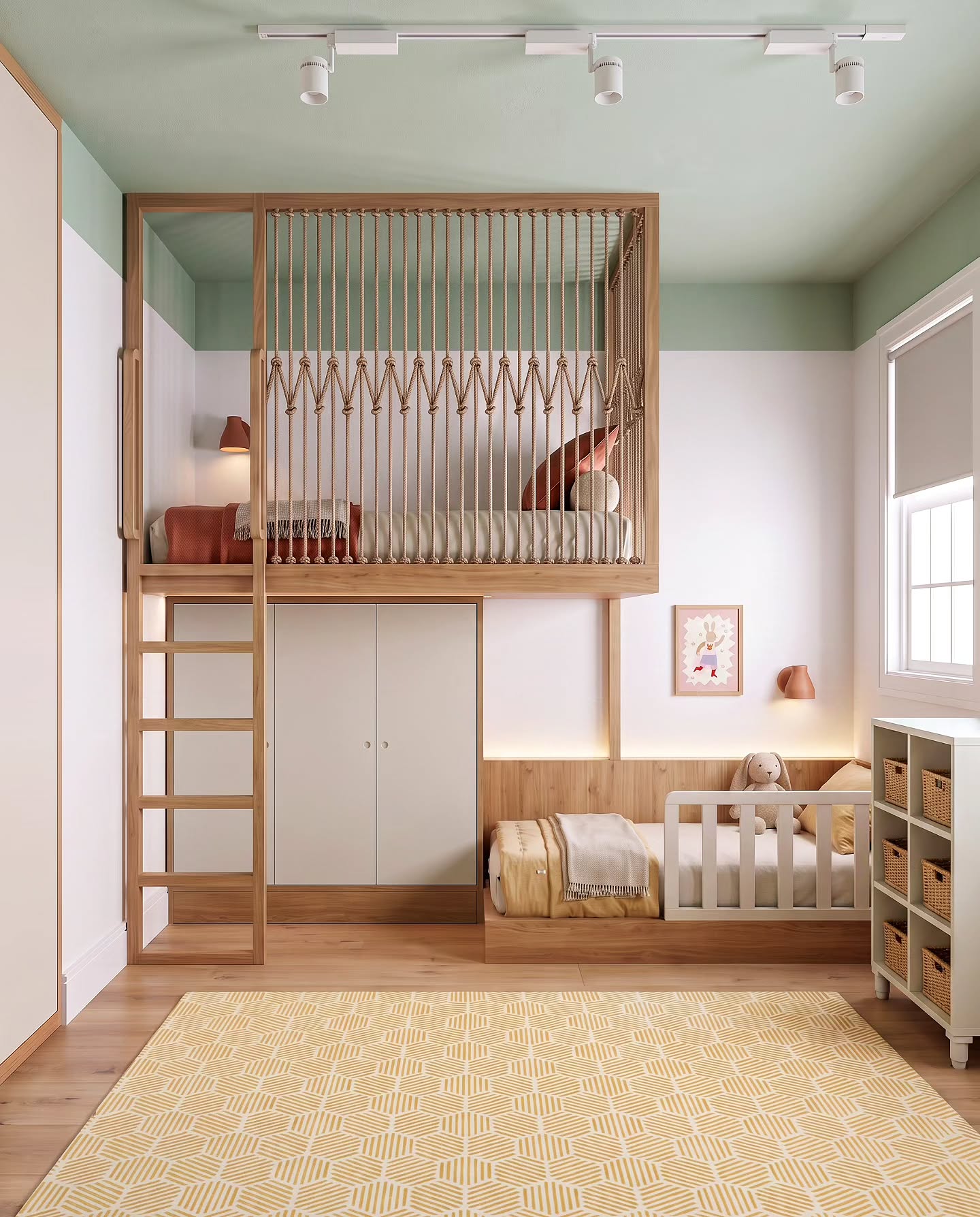 Alt: Wooden loft bed with vertical rope railing and built-in closet storage above a white toddler bed and cube baskets in a sage green nursery with a yellow geometric rug