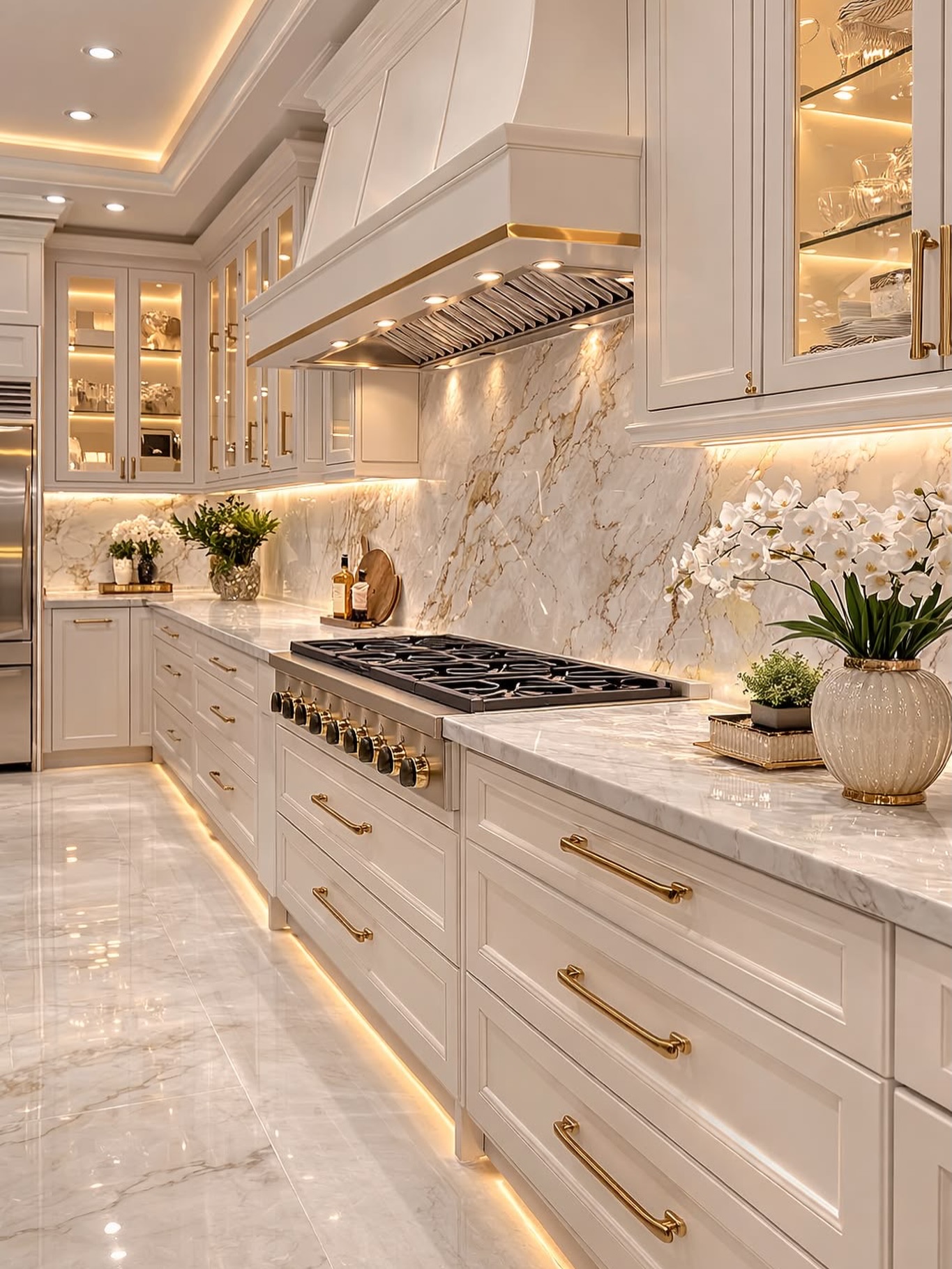Luxe white kitchen with heavily gold-veined marble backsplash and counters, polished brass bar pulls, warm undercabinet and toe-kick LED lighting, lit glass display cabinets, white orchids in cream and gold vase, and polished marble floors