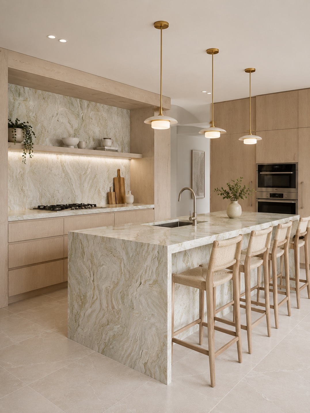 Modern kitchen with a dramatic marble waterfall island in cream and gold tones, light oak flat-panel perimeter cabinets, three slim brass pendants, and four woven rattan bar stools