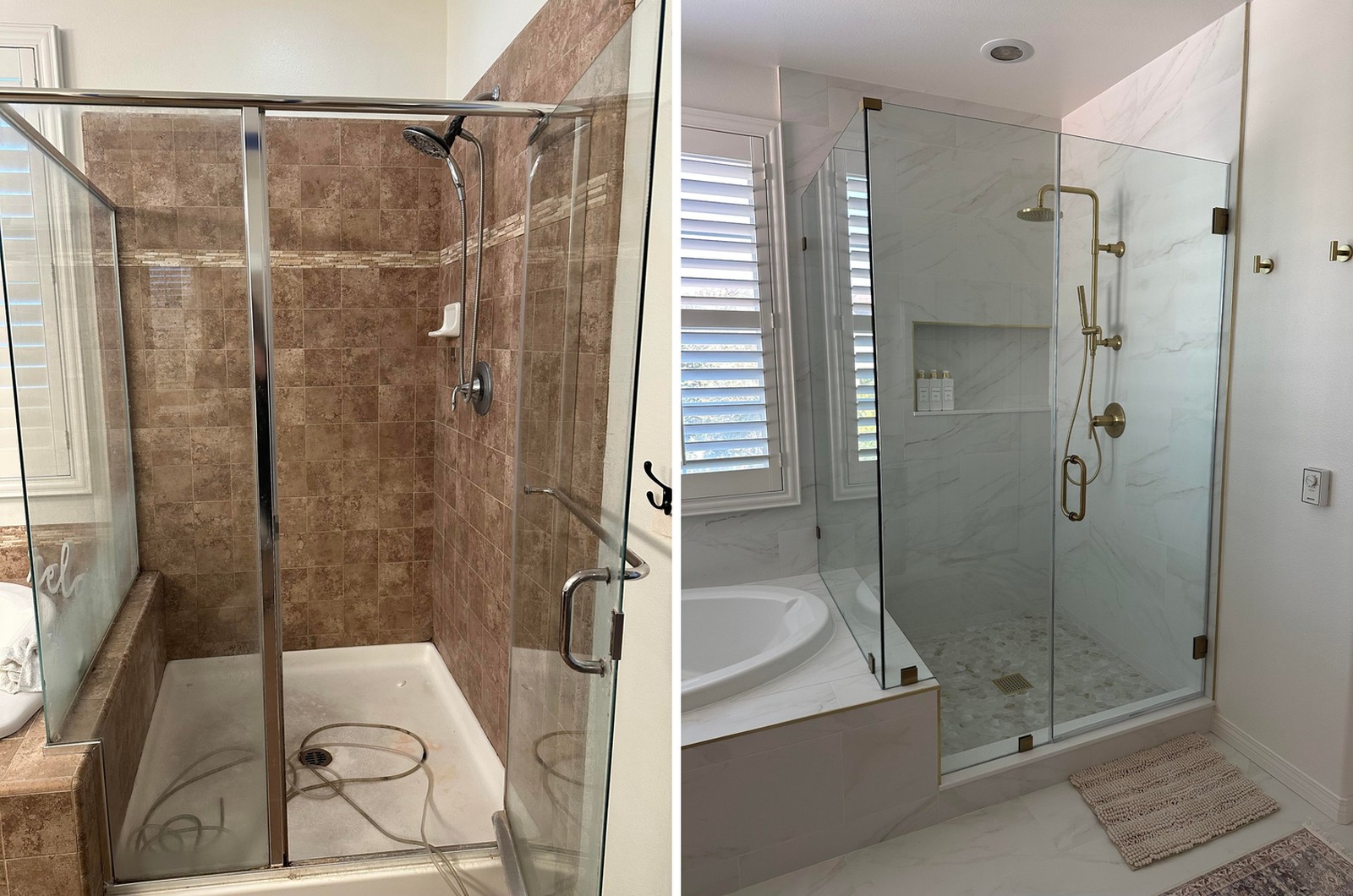 Shower before and after, with brown stone-look tile and a chrome-framed glass door on the left and white marble-look tile, a white stone mosaic floor, a brass rain head with a handheld wand, a built-in niche with white bottles, and a frameless glass enclosure with brass hardware on the right.