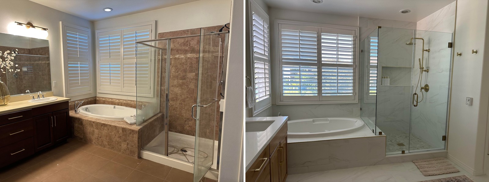 Side by side of a bathroom with dark cherry vanity, brown stone-look wall and floor tile, and framed chrome glass shower on the left, next to the same room finished in white marble-look tile, honey wood cabinets, brass fixtures, and a frameless glass shower on the right.