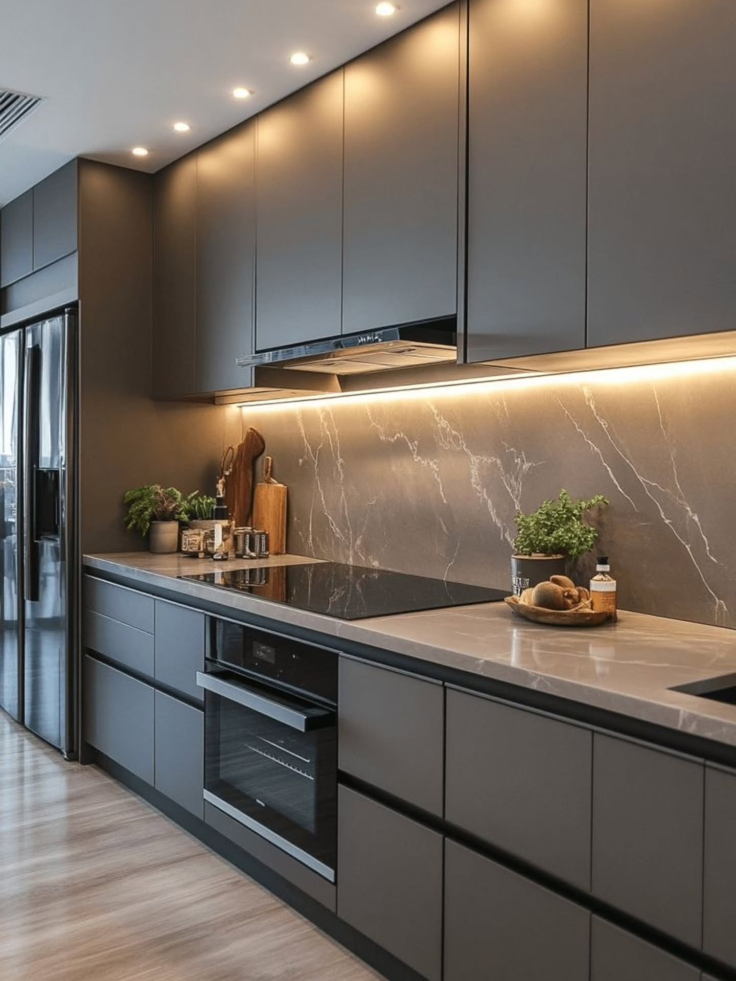 Dark matte grey handleless kitchen with full-height veined marble backsplash, under-cabinet warm LED strip lighting, built-in oven, stainless fridge, and light wood plank flooring