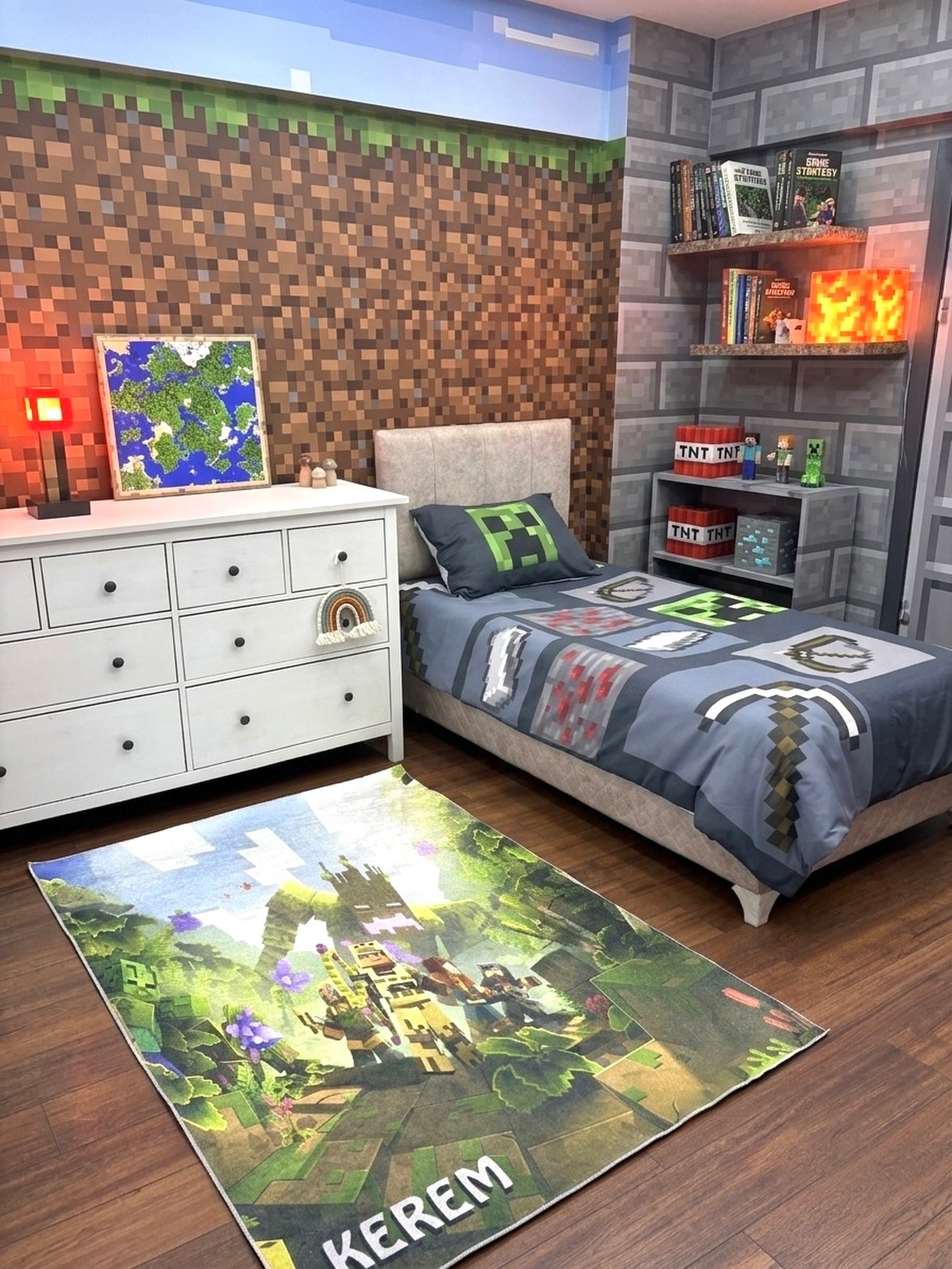 Minecraft bedroom with grass block pixel mural wall gray cobblestone side wall framed map art and lava lamp
