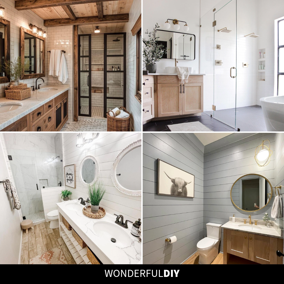 Four modern farmhouse bathroom ideas side by side showing a reclaimed beam ceiling, a black hex tile floor, a shiplap double vanity, and a gray shiplap powder room with highland cow art