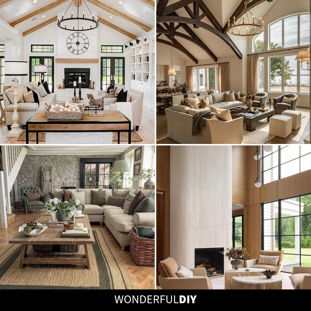 Four modern farmhouse living rooms showing different takes on the style, from classic shiplap to contemporary fluted fireplaces