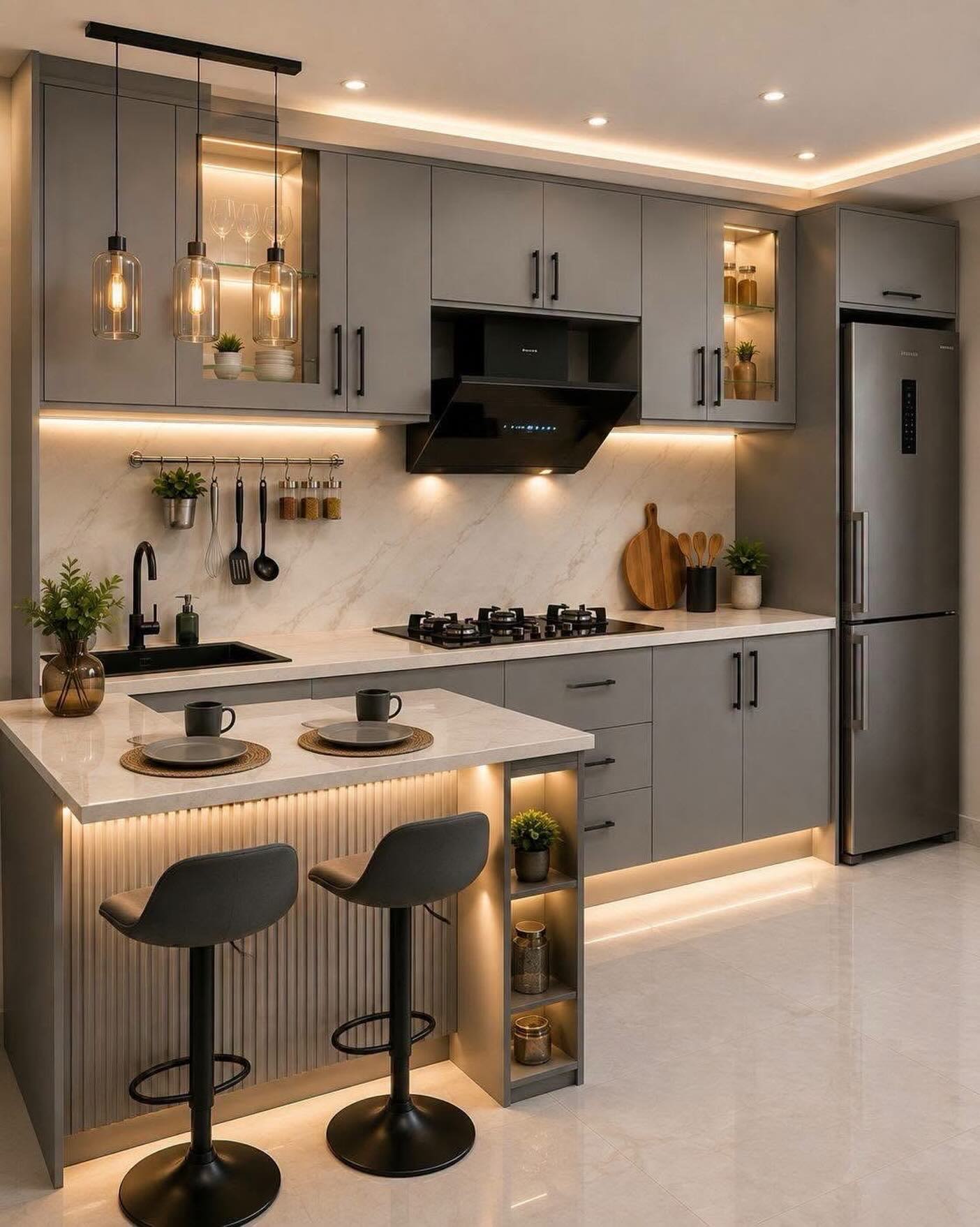 Modern matte grey kitchen with warm wood ribbed island, marble backsplash, black fixtures, glass pendant lights, and warm LED strip lighting under the upper cabinets and along the island base
