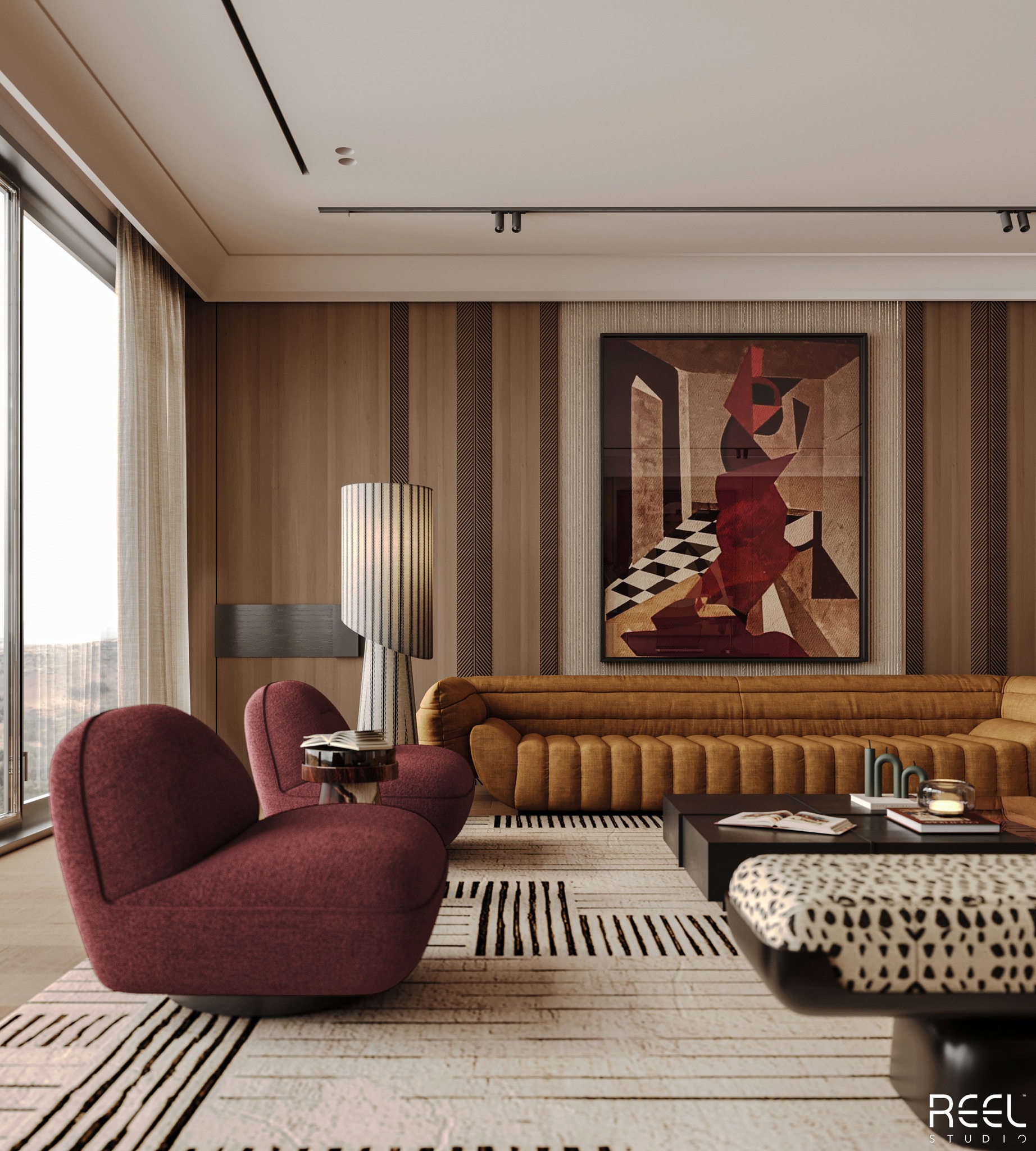 Mustard yellow channel-tufted long sofa against a vertical wood-paneled accent wall with a large cubist painting in burgundy, cream, and black, paired with two deep burgundy swivel chairs, black lacquer coffee tables, a cream and black striped rug, and a dalmatian-print bench on the right