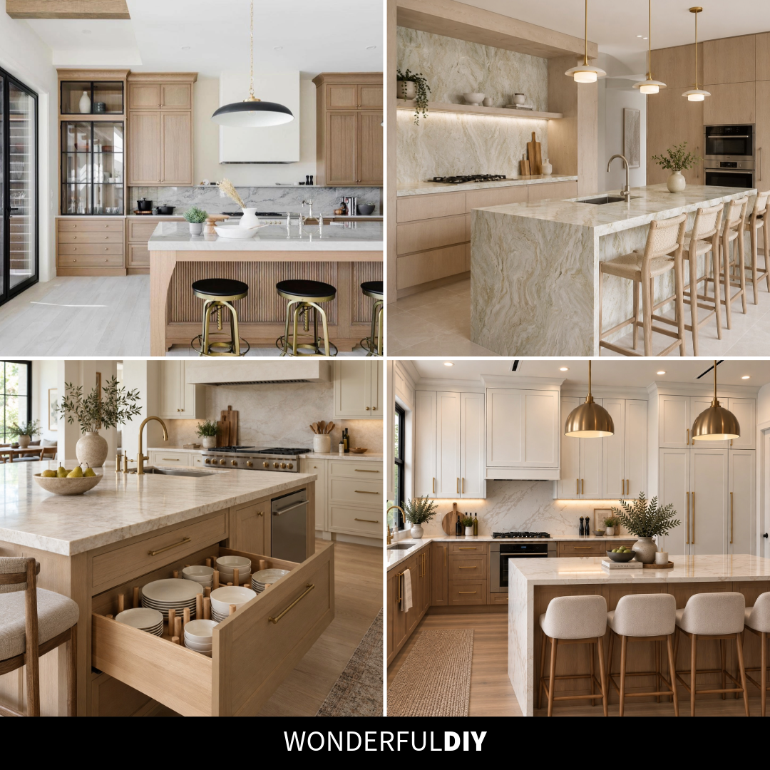 Four-photo collage of modern oak kitchen designs featuring a fluted oak island, a marble waterfall island with light oak cabinets, a light oak island with cream shaker cabinets, and a two-tone white and oak kitchen