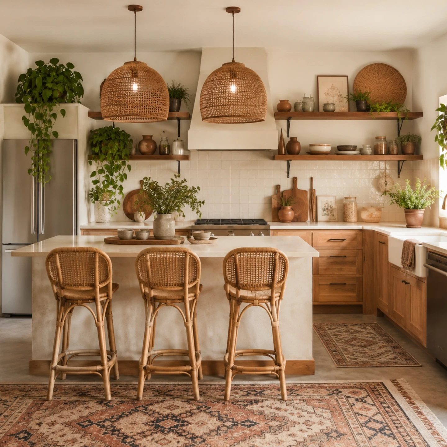 Oak kitchen with two large woven rattan dome pendants, three rattan counter stools at a cream island, open wood shelves with terracotta pots and handmade ceramics, stainless fridge, and a layered Persian rug