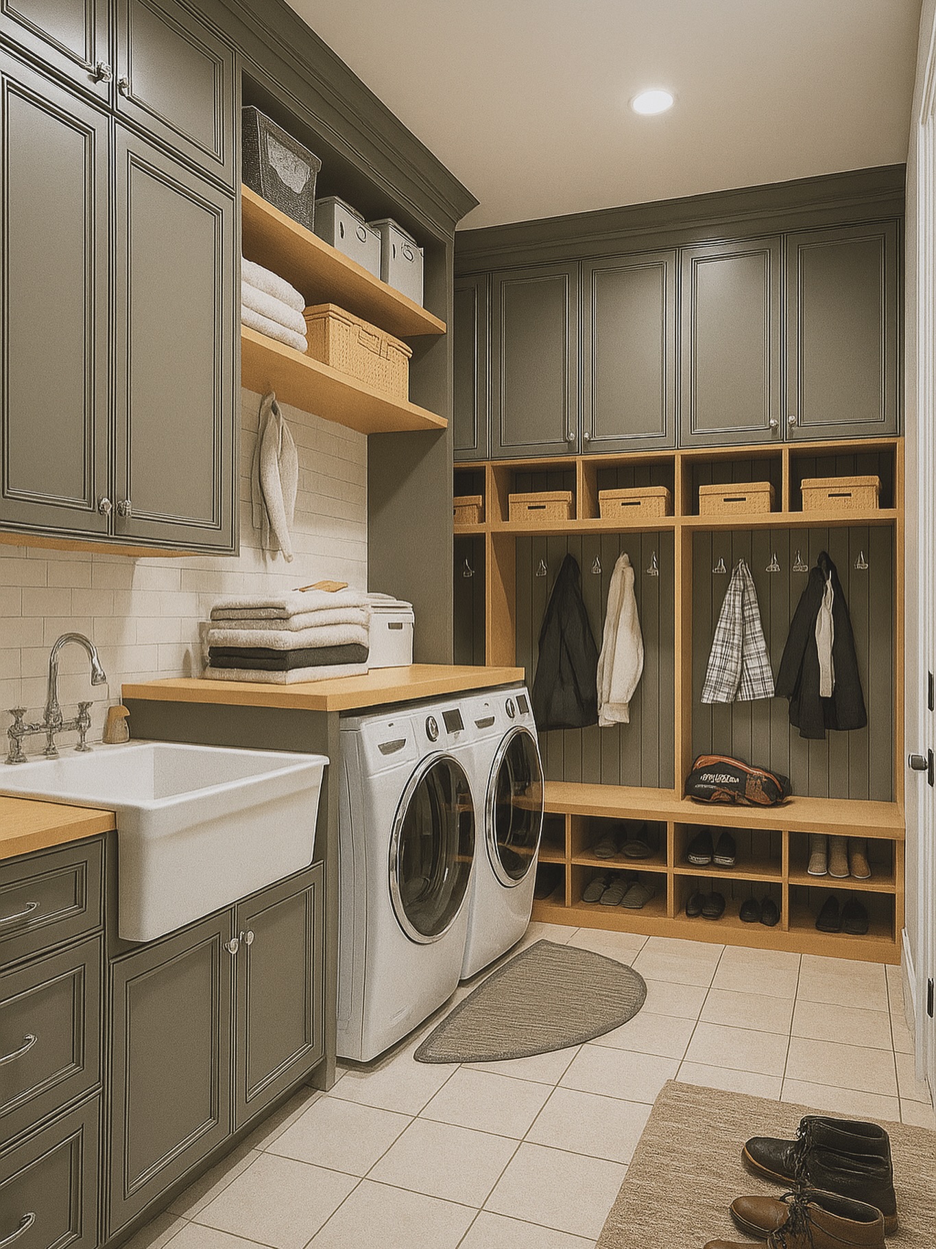 Olive gray cabinets with warm wood open shelves and cubbies, a deep white farmhouse sink on the left, side-by-side white washer and dryer in the middle, wall of coat hooks with jackets, and a lower bench with open shoe storage