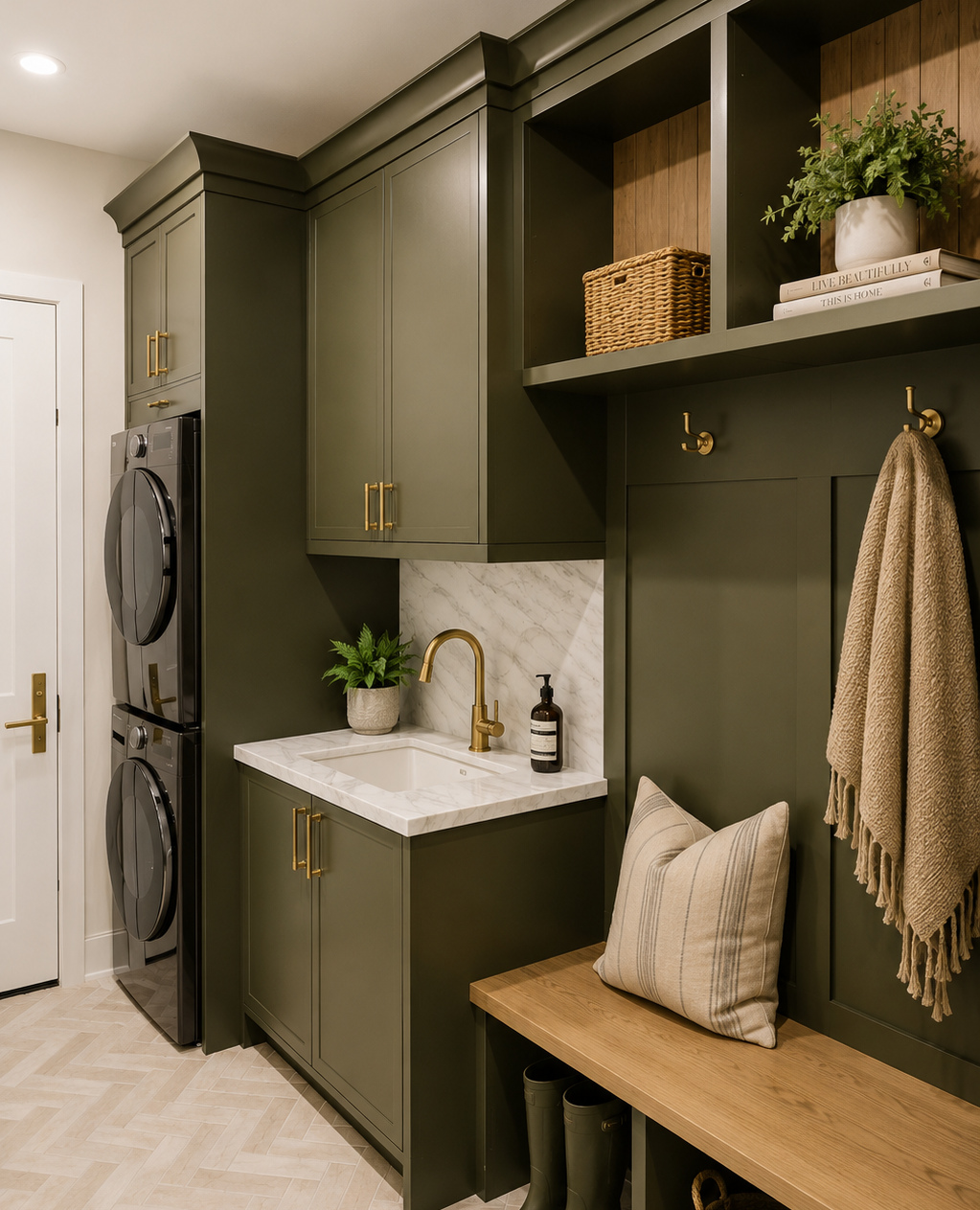 Deep olive green cabinets with brass hardware and hooks, a white marble vanity sink, stacked black washer and dryer, hunter green rubber boots under a wood bench with a striped pillow, and a light herringbone tile floor