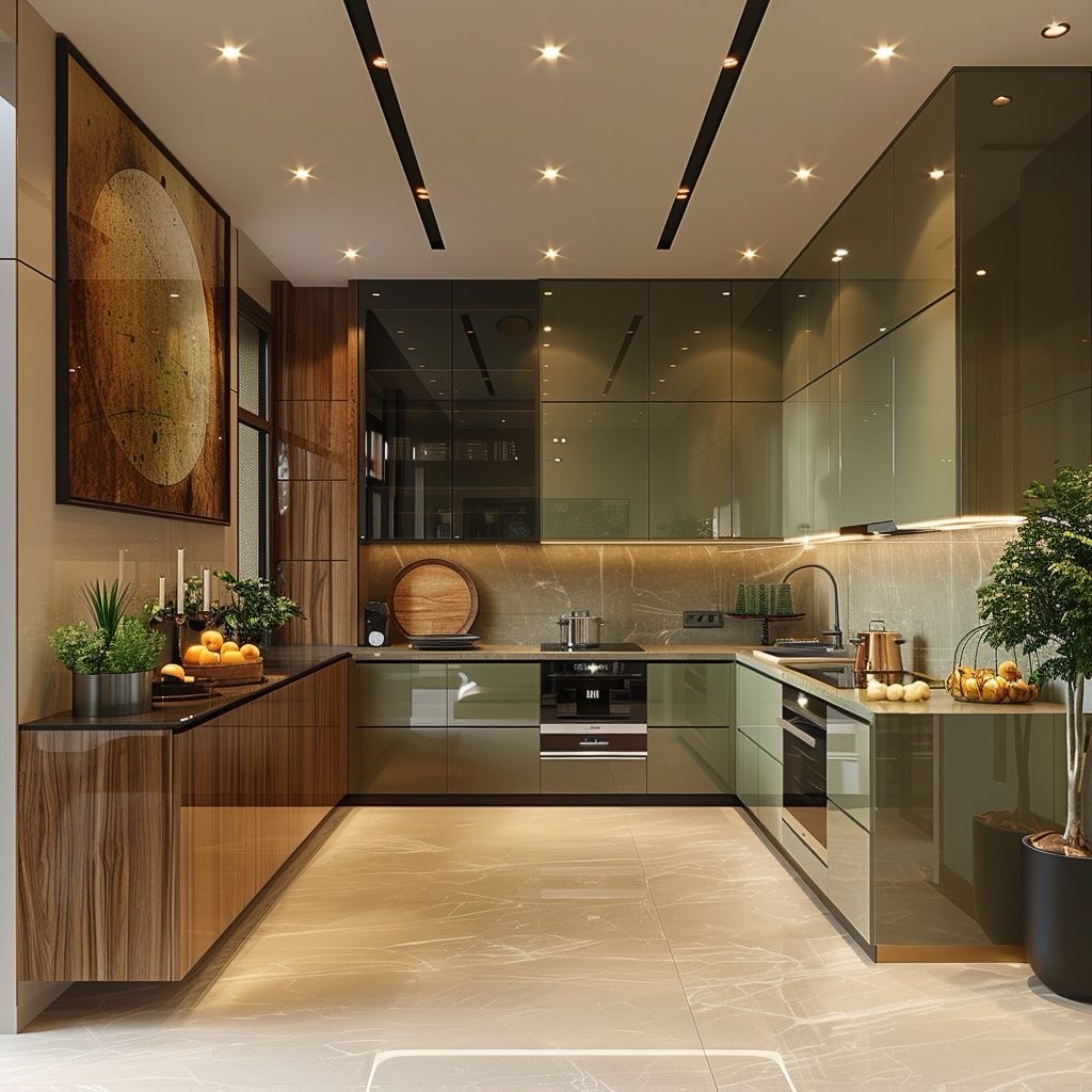 Open kitchen with floor to ceiling glossy olive green cabinets, a warm walnut side cabinet, large round framed art, and two potted trees at either end