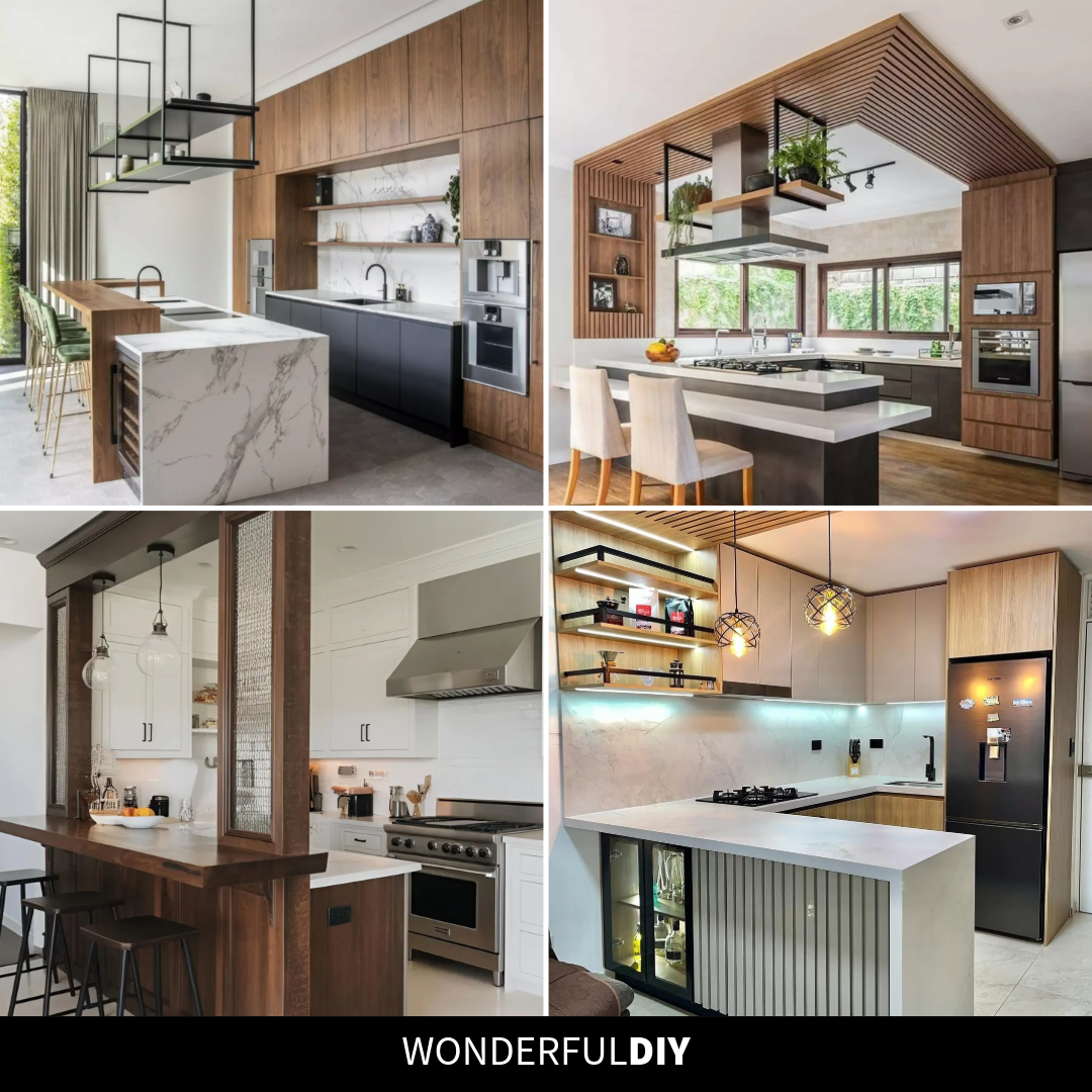 Four-image collage of modern open kitchen designs showing a walnut and marble multi-level island setup, a wood slat ceiling framing an open plan island, dark wood columns with wire glass panels dividing a white Shaker kitchen, and a compact kitchen with a slat ceiling panel and slatted bar peninsula