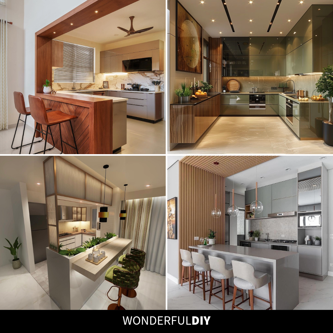 Four open kitchens with wood framing, glossy olive cabinets, a reeded glass divider, and a slatted wood accent wall