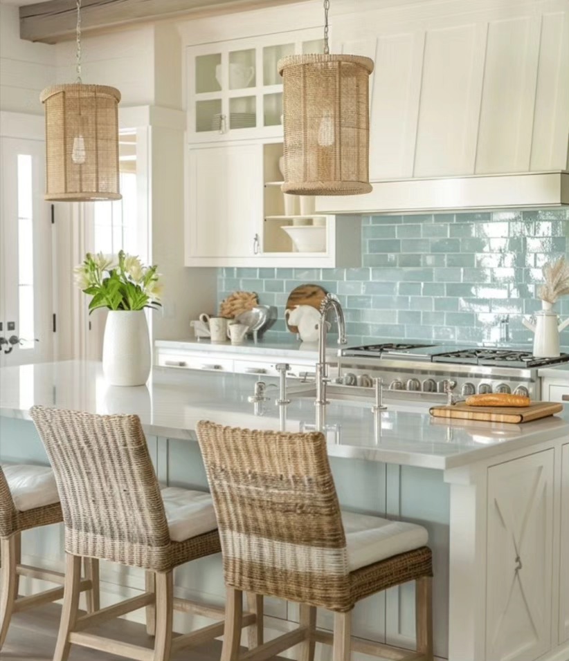 Coastal kitchen with glossy pale blue subway tile backsplash, a plain white range hood, two tall woven lantern pendants, white marble island, and natural woven wicker counter stools with cream cushions
