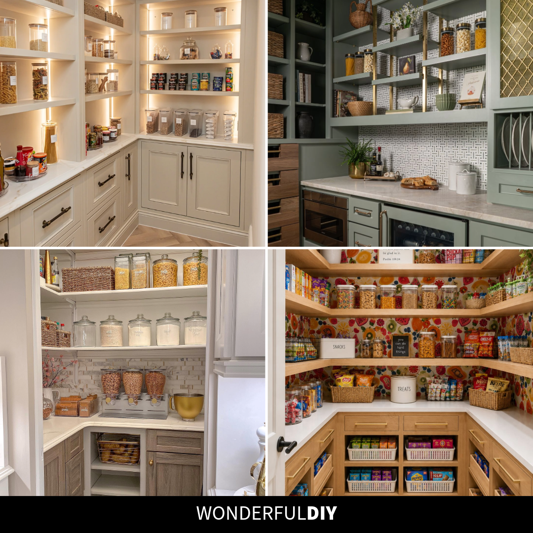 Four-up collage showing a cream shaker pantry with under-shelf lighting, a sage green pantry with gold mesh cabinet and beverage fridge, a white pantry with gold accents and cereal dispensers, and a fruit-wallpaper family pantry with oak shelves