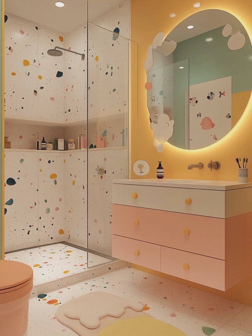 Pastel yellow and pink kids' bathroom with cloud-shaped backlit mirror, peach vanity, confetti terrazzo floor, and splatter terrazzo shower walls