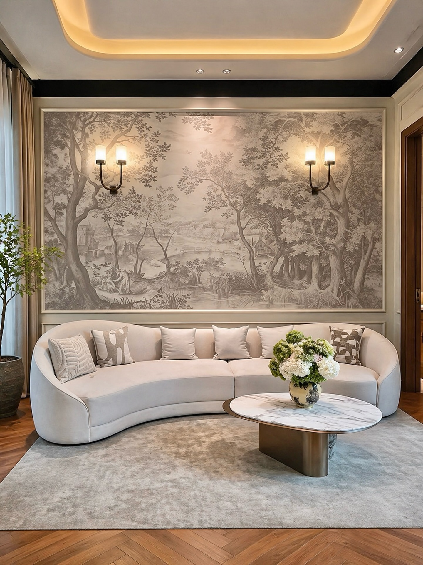 pastoral-toile-mural-curved-sofa-living-room.jpg Alt: Large soft gray pastoral toile mural framed with slim gold molding behind a cream curved sofa, with a round marble coffee table, hydrangea bouquet, and herringbone wood floor