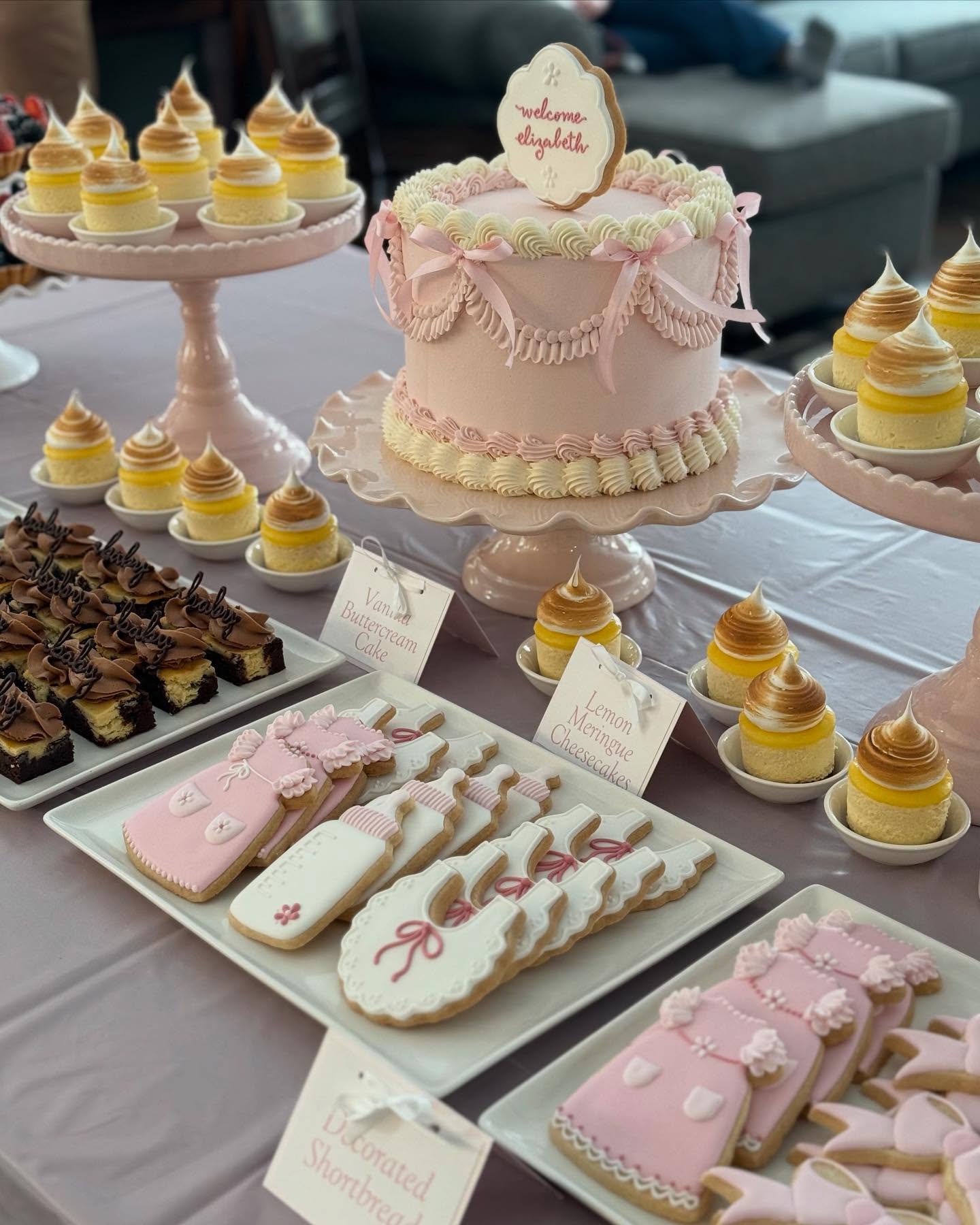 Pink Elizabeth baby shower dessert table with a ruffled buttercream cake topped by a welcome cookie, lemon meringue mini cheesecakes, baby outfit iced cookies, and chocolate baby brownies
