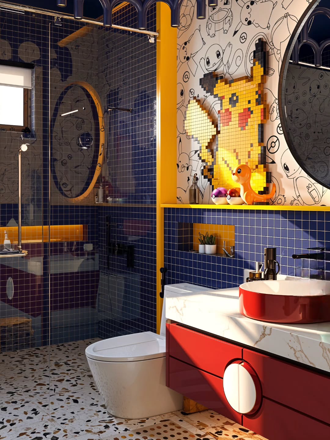 Pokemon themed kids' bathroom with Pikachu pixel art mural, navy blue mosaic tiles, yellow accent column, round black-framed mirror, red vanity with white round pulls, and confetti terrazzo floor