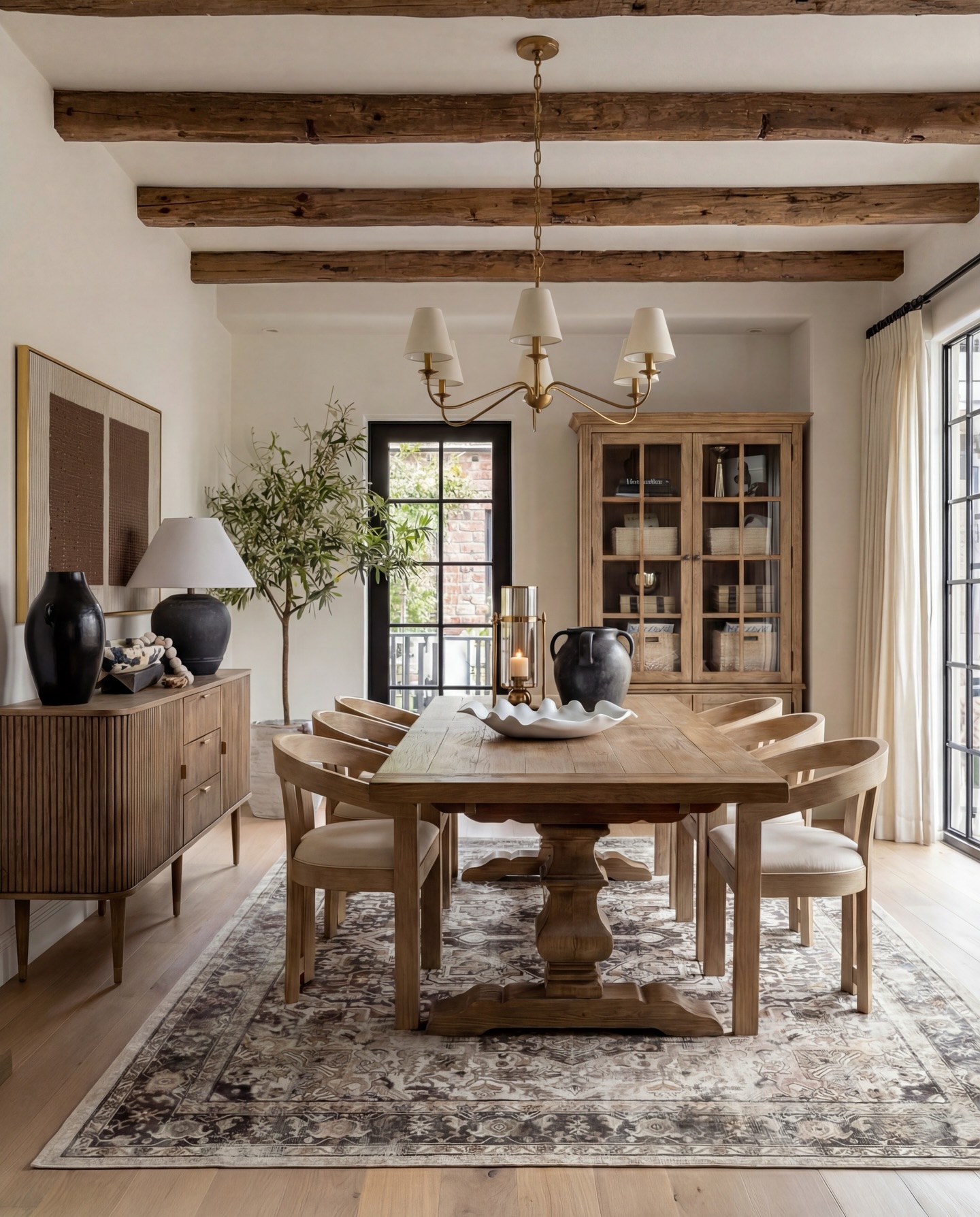 Modern farmhouse dining room with reclaimed wood ceiling beams, chunky wood trestle table, brass chandelier with linen shades, fluted sideboard with a black urn and lamp, and tall glass-door cabinet