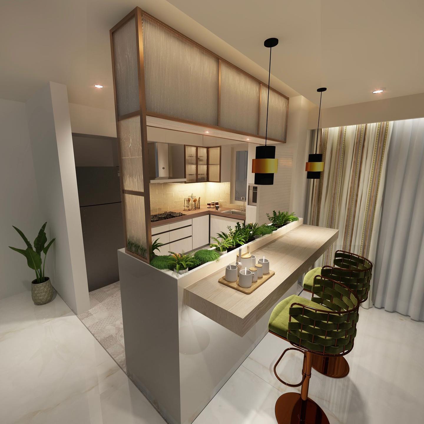 Reeded glass divider panel hanging above a kitchen bar top with a built-in planter full of ferns, green woven bar stools, and black and gold pendant lights