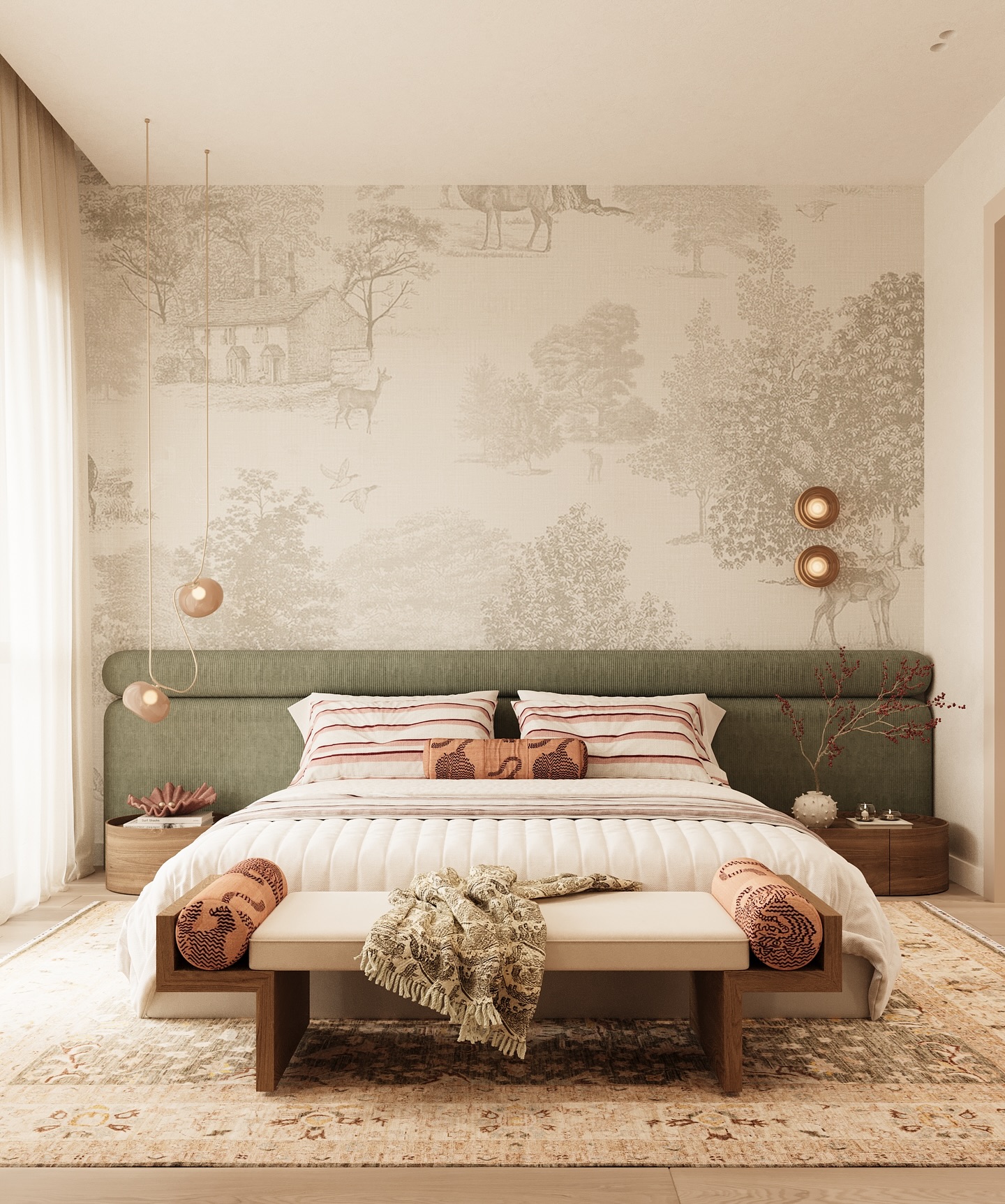 Mid-century master bedroom with a curved sage green upholstered headboard, soft pastoral toile-style mural wall of trees and deer, striped red and cream linens and rust bolster pillows