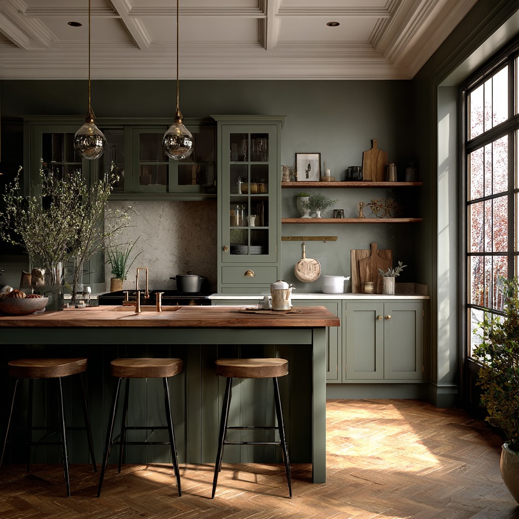 Sage green painted kitchen cabinets with a chunky wood butcher block island top, brass gooseneck faucet, coffered ceiling and herringbone wood floor