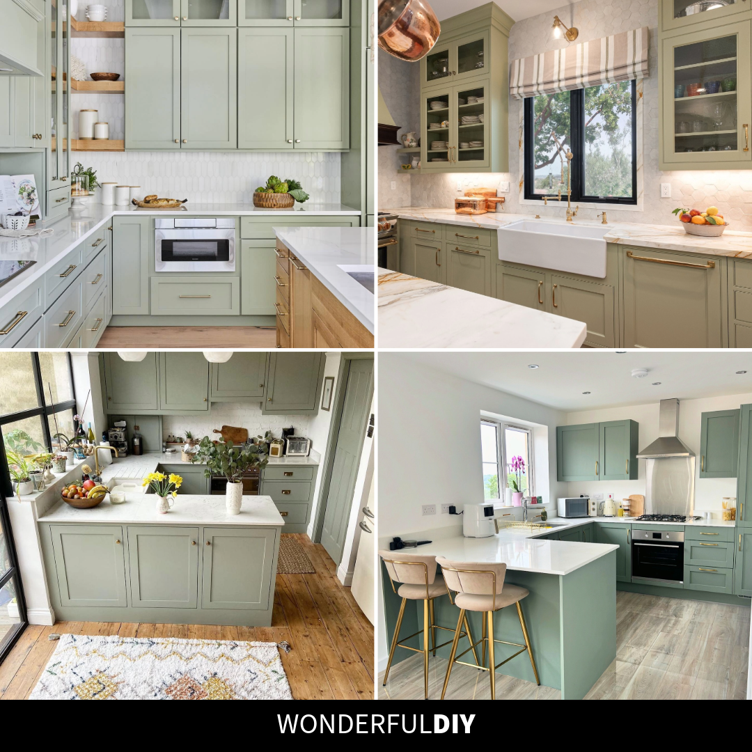 Collage of four sage green kitchens showing soft sage with gold hardware, olive sage with brass bridge faucet, sage u-shape with globe pendants, and sage shaker with blush barstools