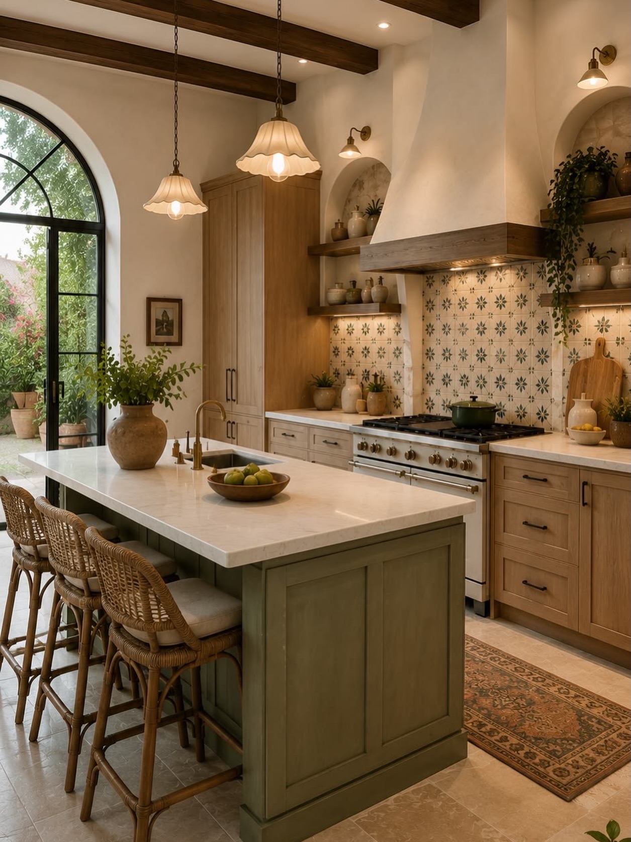 Mediterranean Tuscan kitchen with sage green island, white oak cabinets, patterned green and cream tile backsplash, scalloped pendant lights, exposed wood beams, and an arched iron door opening to a garden